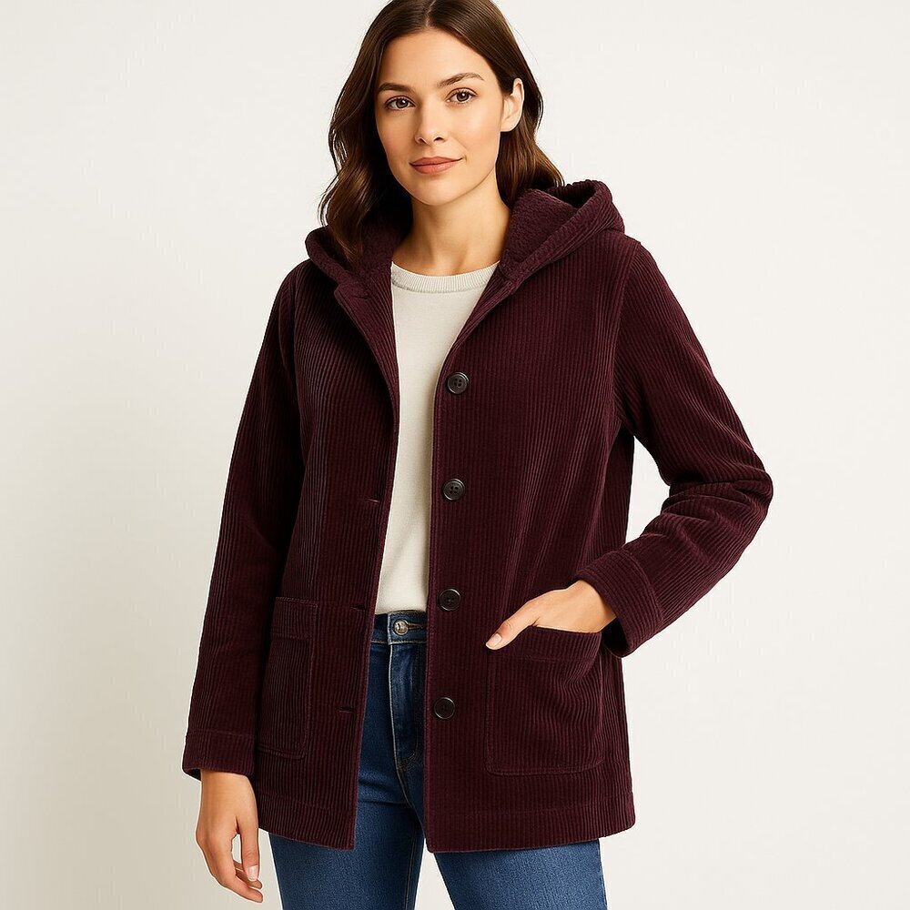 J.Jill jacket women’s corduroy hooded heritage soft-lined coat plum S